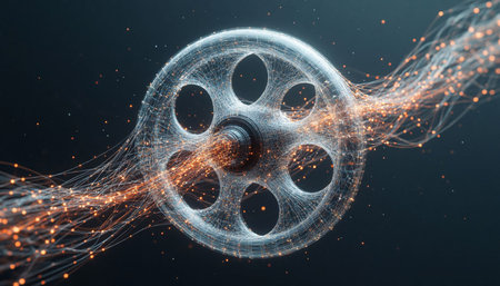 Film reel with glowing particles. 3d rendering, 3d illustration.