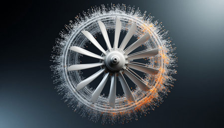 3d rendering of a jet engine on a dark background with binary code