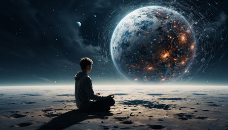 Man sitting in lotus position and looking at space. Mixed media