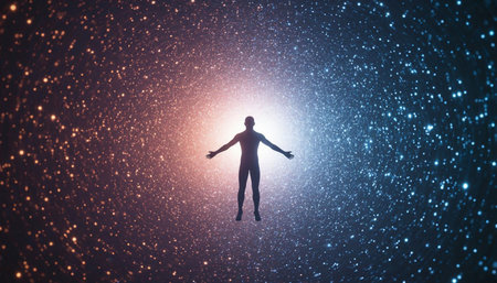 Man jumping in space. Mixed media. Mixed media. Mixed media