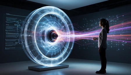 Businesswoman looking at hologram projection on a wall 3D renderingの写真素材