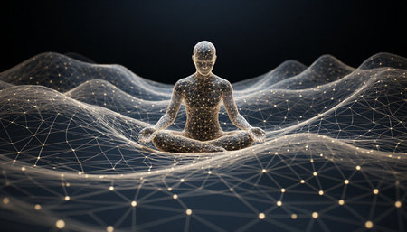 3d rendering of man meditating in lotus pose on dark backgroundの写真素材