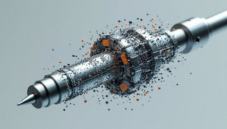 3d rendering of a robotic arm made of particles and cubes.