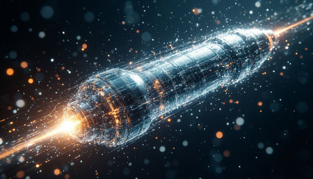 3D rendering of a futuristic spaceship with glowing lines and particles.