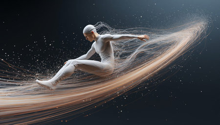 Modern ballet dancer jumping high in the air with long exposure of particles