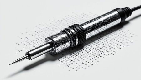 Soldering iron on a white sheet of paper close-up.