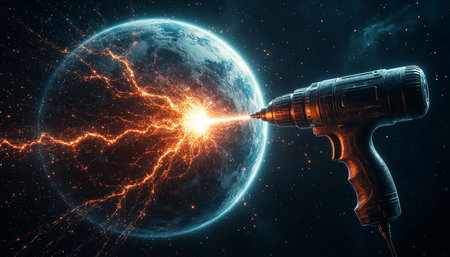 Electric drill with planet earth and lightning. 3d rendering toned imageの写真素材