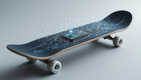 Skateboard with circuit board on gray background. 3D renderingの写真素材