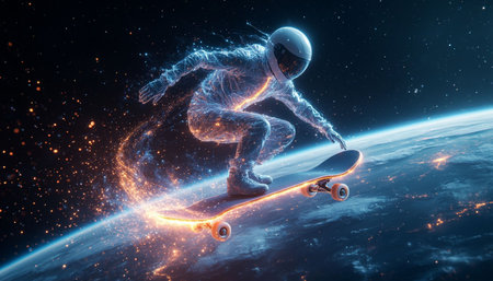 Skateboarder riding on skateboard in space. 3D renderingの写真素材