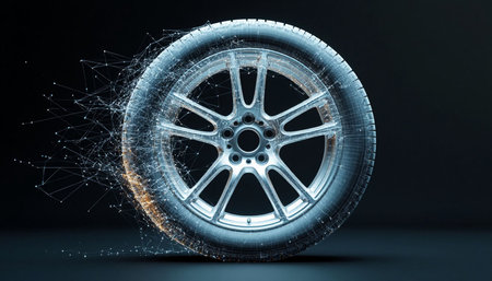 3d rendering of a car wheel on a dark background with particlesの写真素材
