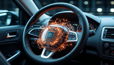 3d rendering of a car with circuit board on the steering wheelの写真素材