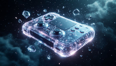 Gamepad with ice cubes on dark background 3D rendering toned image