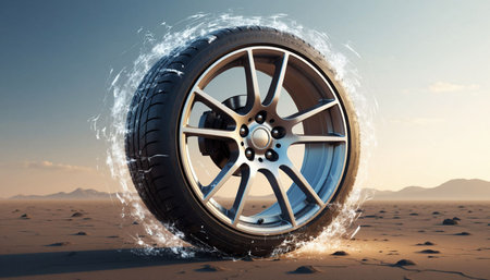 Car wheel in the desert. 3d illustration. Conceptual image