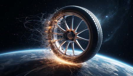 Car wheel against composite image of blue planet earth with lightnings 3D rendering