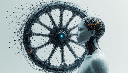 Cyborg woman and cyborg wheel. Artificial intelligence concept. 3D Rendering