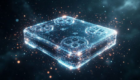 Futuristic 3D rendering of a hologram of a gamepad.