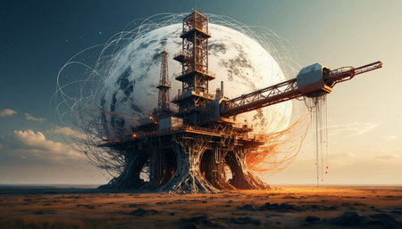 Oil rig and planet. 3d illustration. Elements of this image furnished by NASAの写真素材