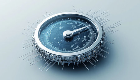 Highly rendering of a speedometer in front of a blue backgroundの写真素材