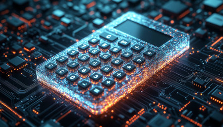 Close-up view of electronic circuit board with calculator 3D rendering