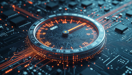 Close up view of a speedometer on a circuit board. 3d rendering