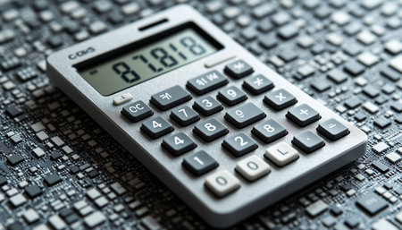 Electronic calculator on the background of the printed circuit board close-up
