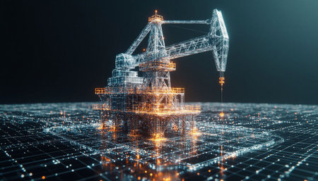 3d rendering of oil drilling rig on digital background. Technology conceptの写真素材