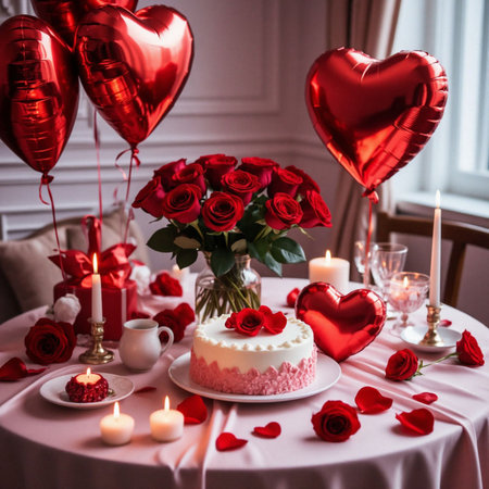 Valentine's Day. Red heart-shaped balloons on the table.の写真素材