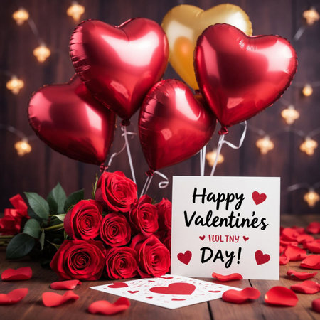 Red roses, heart shaped balloons and card with text Happy Valentines Day on wooden background.