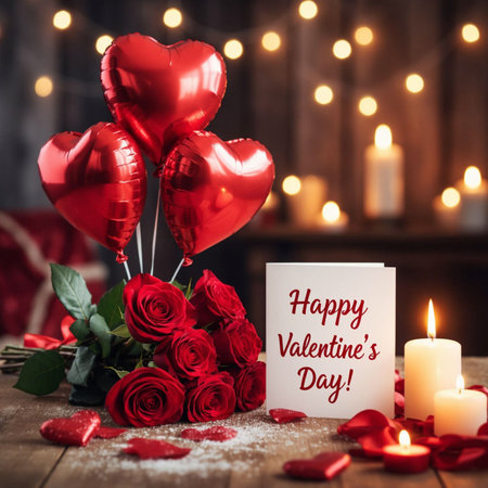 Valentine's day greeting card with red heart-shaped balloons and candlesの写真素材