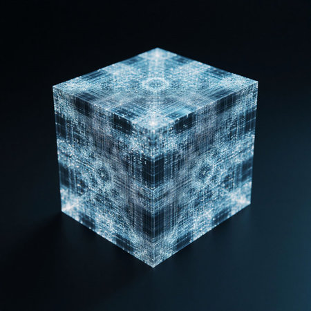 Futuristic cube with binary code on dark background. 3d renderの写真素材