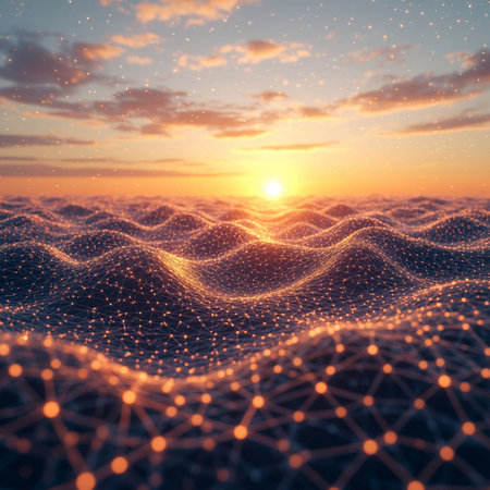 3D render of abstract digital landscape with connecting dots and lines. Network connection structure. Big data visualization.の写真素材