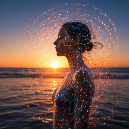 Beautiful young woman with glowing bodyart on the beach at sunsetの写真素材