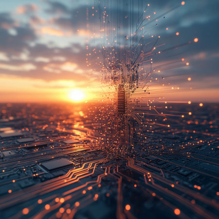 Circuit board with microcircuits at sunset. 3d rendering