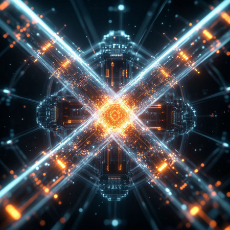 3d illustration of abstract technology background with glowing lines and lights.の写真素材