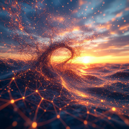 Futuristic 3d rendering of abstract background with glowing particles.の写真素材