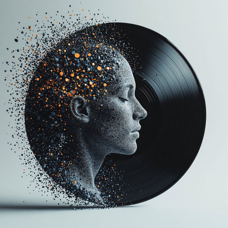 Black vinyl record with human head made of particles. 3d renderingの写真素材