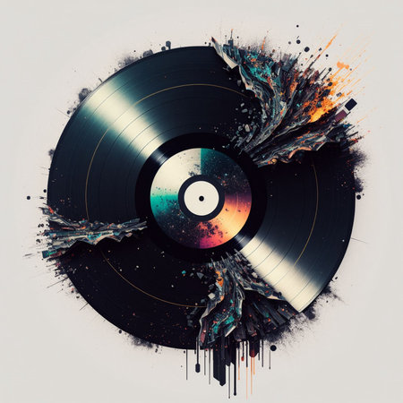 Vinyl record with colorful splashes and blots on white backgroundの写真素材