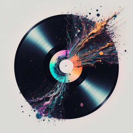 Colorful vinyl record with splashes and blots on white backgroundの写真素材