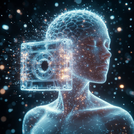 3D rendering of a female cyborg with a circuit brain on a dark backgroundの写真素材