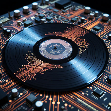Close up view of a vintage vinyl record player. Retro music concept.