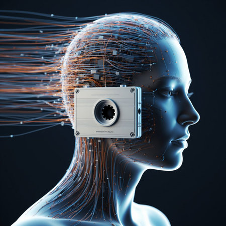 3d rendering of male cyborg head with circuit and photo camera