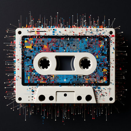 Vintage audio cassette on black background. Music and technology concept.の写真素材