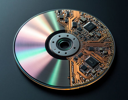 Closeup of a CD or DVD disk on a black background.の写真素材