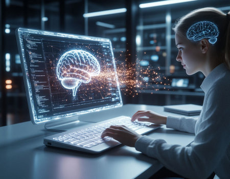 Side view of young woman sitting at table and working on computer with glowing brain hologram. 3D...
