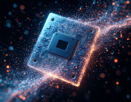 Computer processor with glowing particles on dark background. 3D Rendering