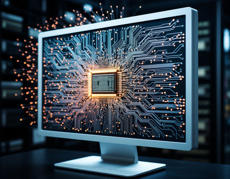 Modern computer monitor with circuit board on blurry background. 3D rendering.