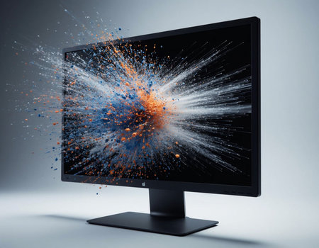 Modern computer monitor with abstract colorful splashes on gray background. 3D Rendering