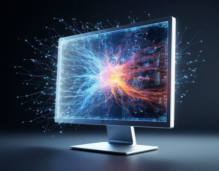 Computer monitor with abstract glowing circuit on dark background. 3D rendering