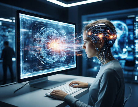 Side view of thoughtful businesswoman working on computer in office.