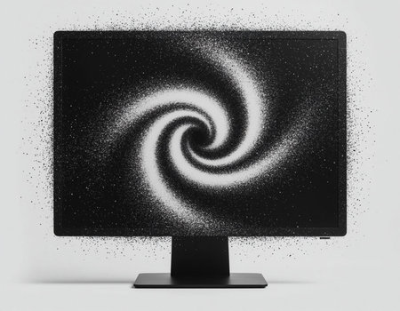 Black computer monitor with abstract spiral on white background. 3D Rendering